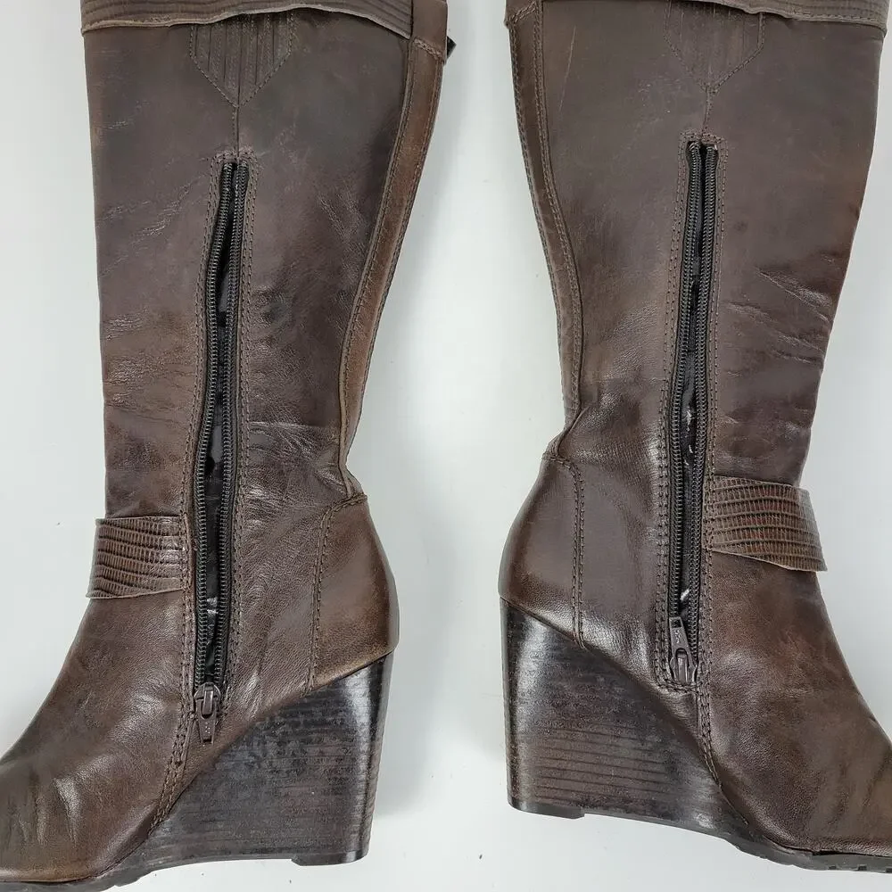 a.n.a. A New Approach Womens Boots 7 Brown Leather Knee High Wedges Heels Buckle